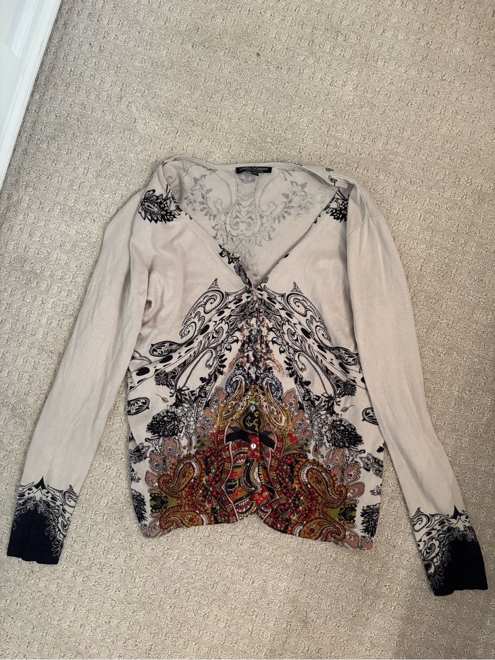 Paisley-Print V-Neck Long Sleeve Top - Beige